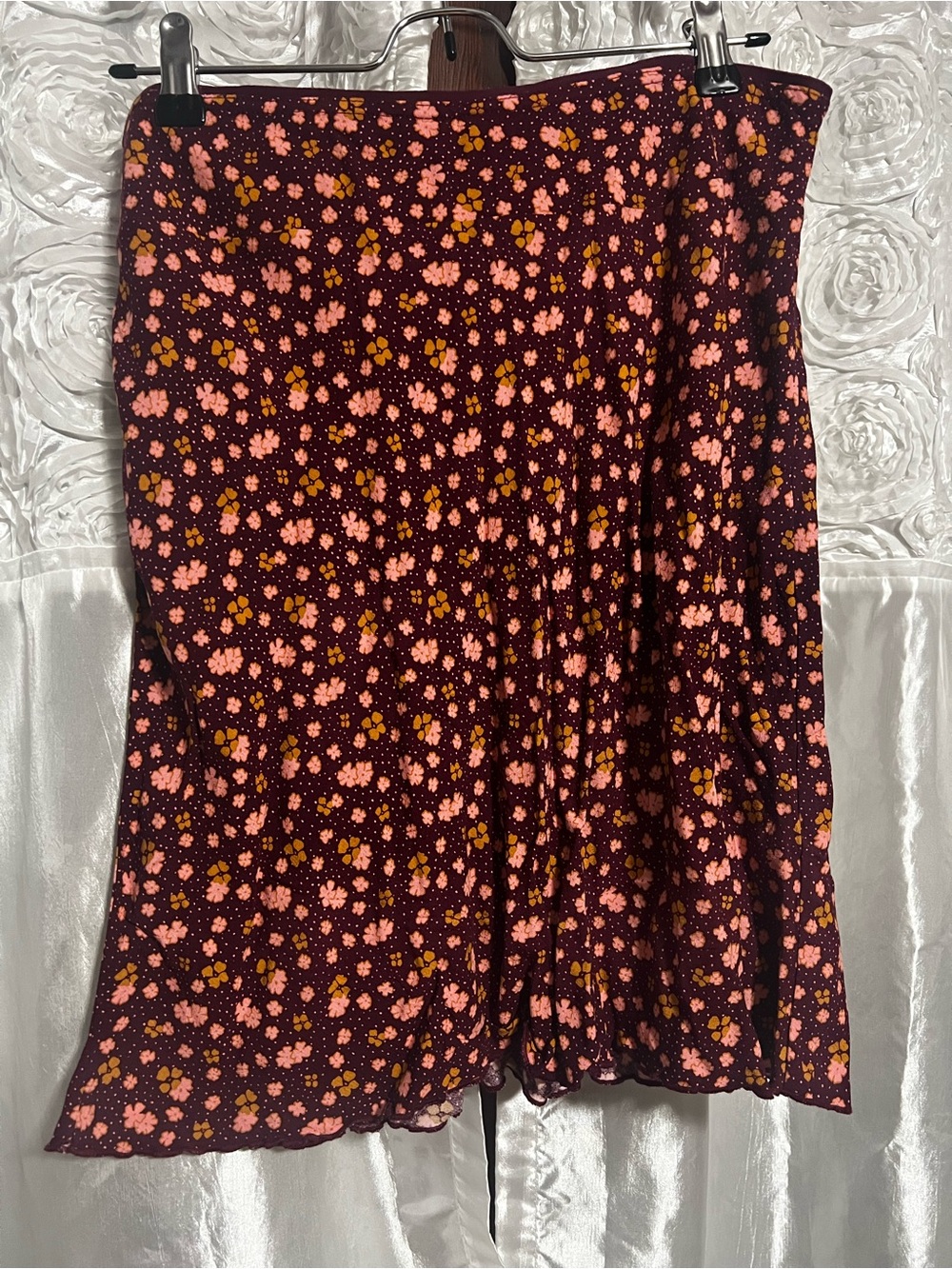 Free People Burgundy Midi Skirt with Pink and Mustard Floral Print